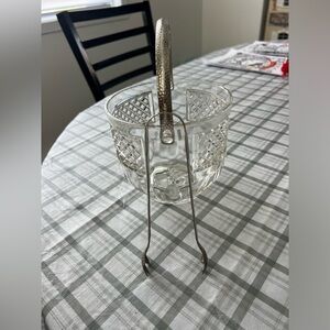 Vintage Clear Diamond Cut Glass Ice Bucket with Hammered Metal Handle and Tongs
